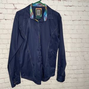 Mizumi Mens XL Shirt Button down Long Sleeve Navy Plaid Cuffs Trim Classic‎ Fit